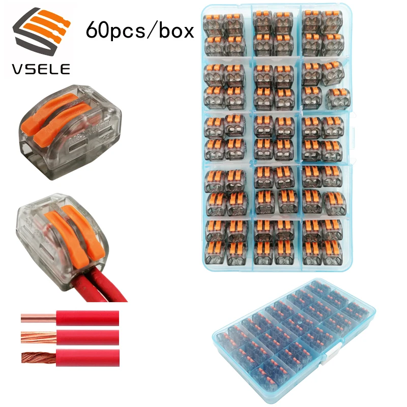 

60pcs/box VSE-412C wire connectors for fine-stranded and solid wires 2p plug type spring clamping mini 222-412 terminal block