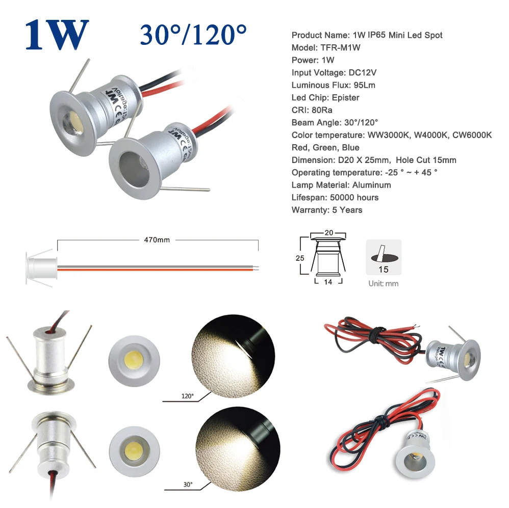 

1W IP65 Waterproof Mini LED Bulb Downlight 100Lm 15mm 25mm Bathroom Ceiling Spot Light Energy Saving Night Lighting