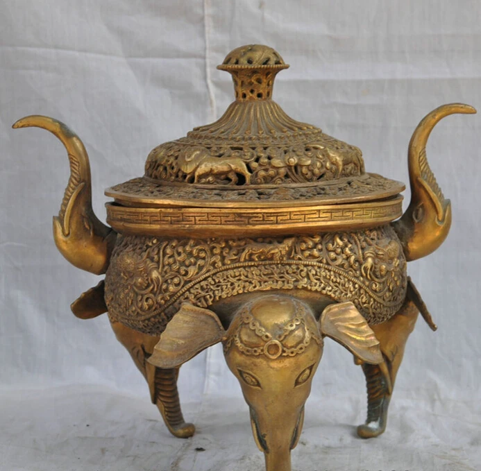 

song voge gem S4933 12" Tibet Brass Animals Dragon Elephant Head Statue Flower Incense Burner Censer