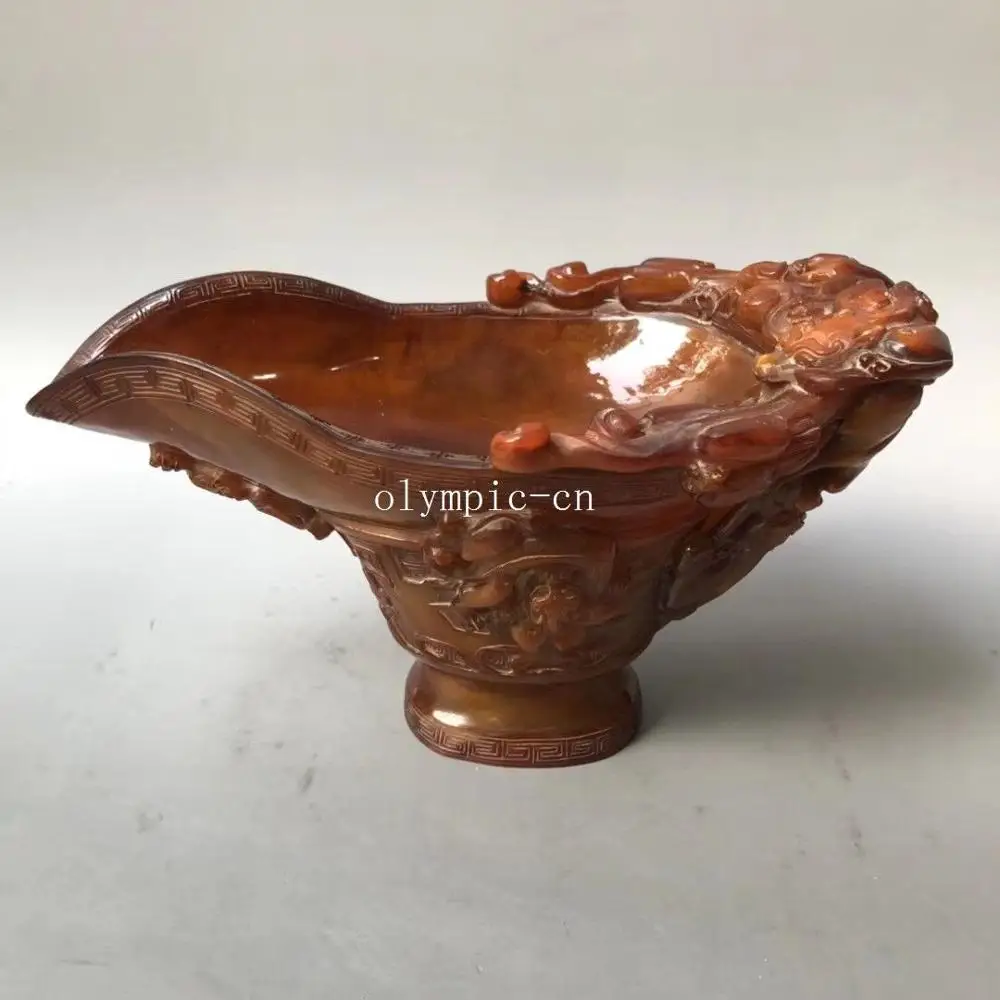 

9'' old ox horn handwork carved dragon beast cup statue