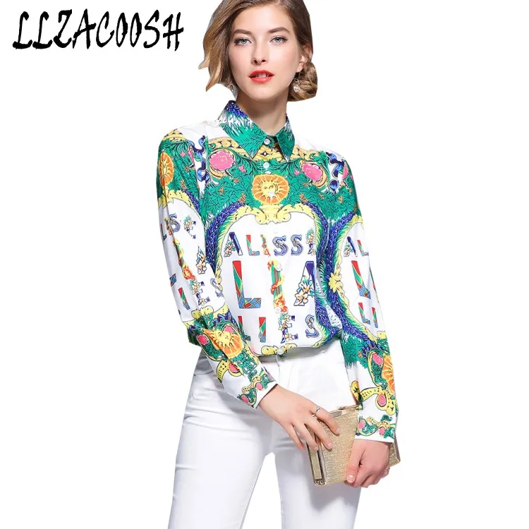 

New 2018 Spring Autumn Women Long Sleeve Shirts Pattern Print Elegant Formal Office ladies OL work Wear Tops
