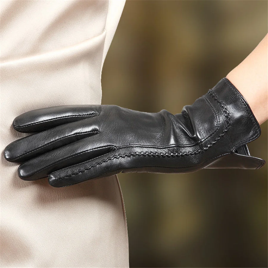Fashion Women New Arrival Touchscreen Genuine Leather Gloves Wrist Solid Winter Plus Velvet Driving Sheepskin Glove L165NC2