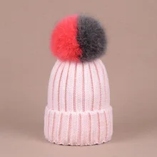 Женская мода зима двойной Цвет натуральным лисьим Мех животных шерсть мяч Кепки дамы эластичный смешанные Цвет утолщение шляпа macka