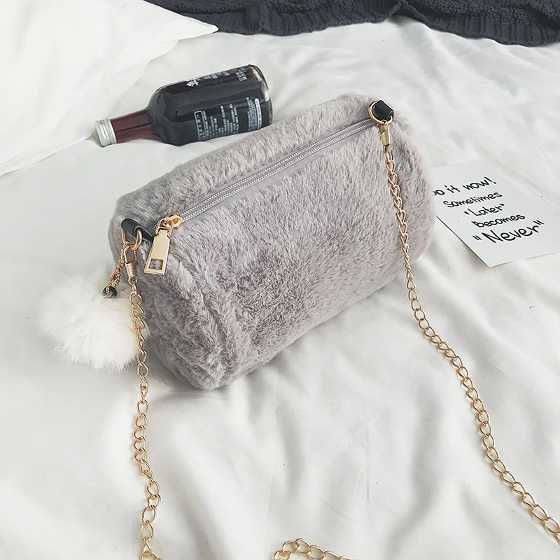 Hot Barrel Shaped Bag Velour Female Chain Handbag Fur Ball Women Purse Crossbody Messenger Shoulder Bags Sac A Main mujer bolsaIMG_5235