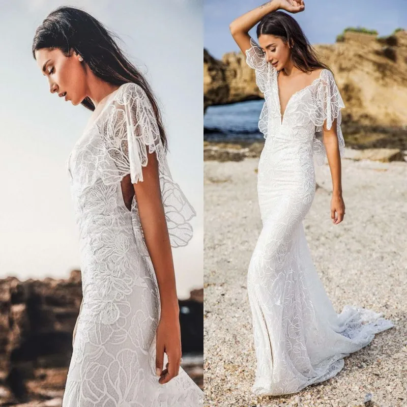 

2019 Sexy Lace Mermiad Wedding Dress Deep V Backless Batwing Sleeve Beach Vestido De Noiva Vintage Boho Wedding Gowns