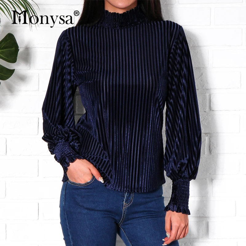 

Velvet Blouse Women 2018 Autumn New Fashion Latern Long Sleeve Shirt Women Casual Ruffle Turtleneck Blouse Top Black Pinke Blue