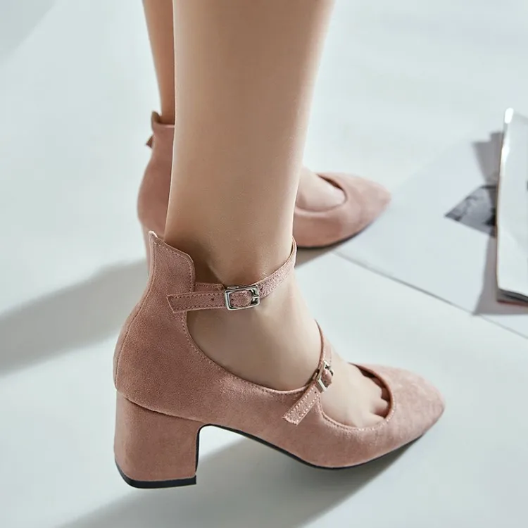 

Big Size 9 10 11 12 ladies high heels women shoes woman pumps Square-headed single-shoe with buckled suede