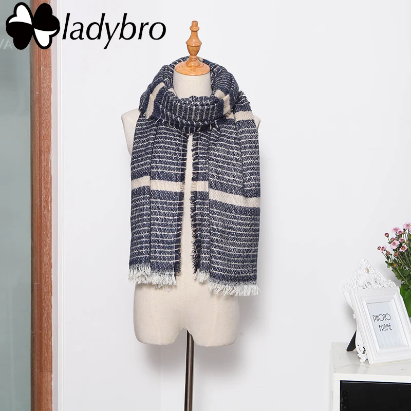 Ladybro Mulheres Malha Cachecol de Inverno Da Marca de Moda Grande Pashmina Macio Morno Stripe Senhora Designer De Cachecol Rosa Feminino Longo Xale Envoltório