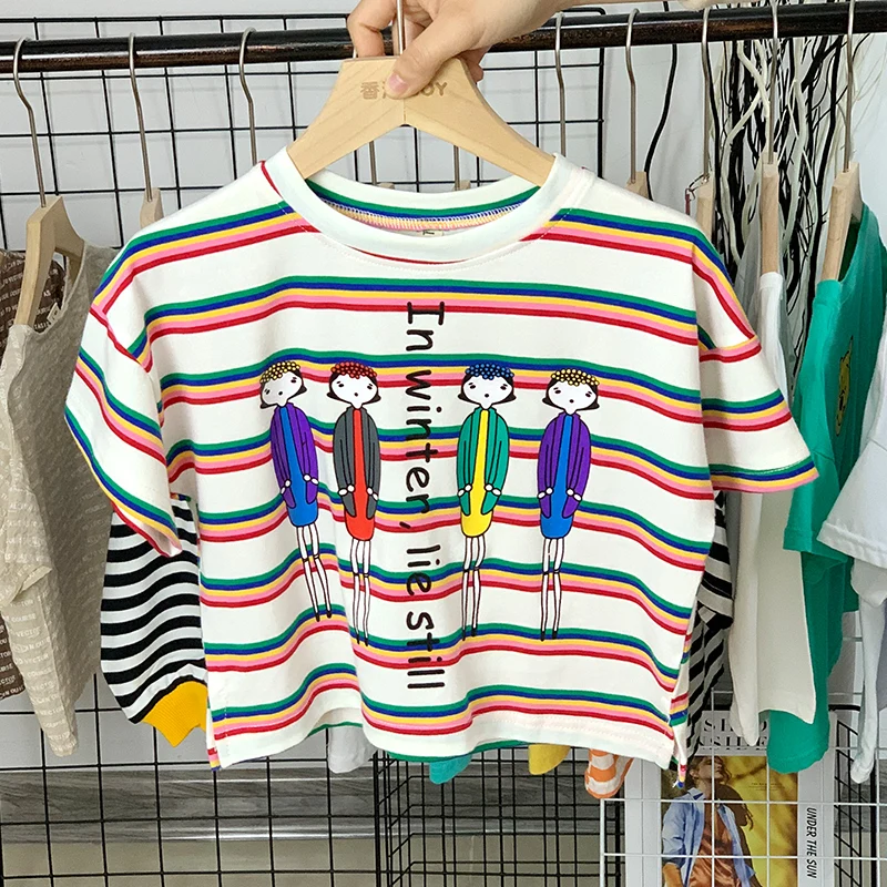 

Kids 2019 New Summer T-shirts Boys Short Sleeve Girls Clothing Stripe Rainbow Printing Brand Clothes 100% Cotton O-neck Unisex