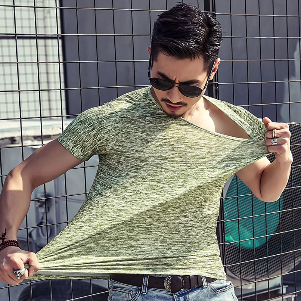 Faousha nueva moda T camisa de los hombres de cuello Slim Fit Tee Camiseta de manga corta Casual para Hombre