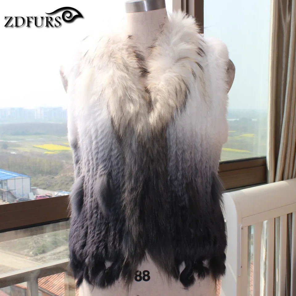 ZDFURS * Raccoon Fur collar Women rabbit fur gilet Waistcoat colete pele Ladies Knitted Natural Rabbit Vest ZDKR-165005A | Женская