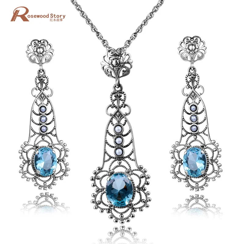 

Fashion Elegant Natural Pearl Women Jewelry Sets Luxury Blue Stone Crystal 925 Sterling Silver Pendant+Earrings Pearl Jewelry