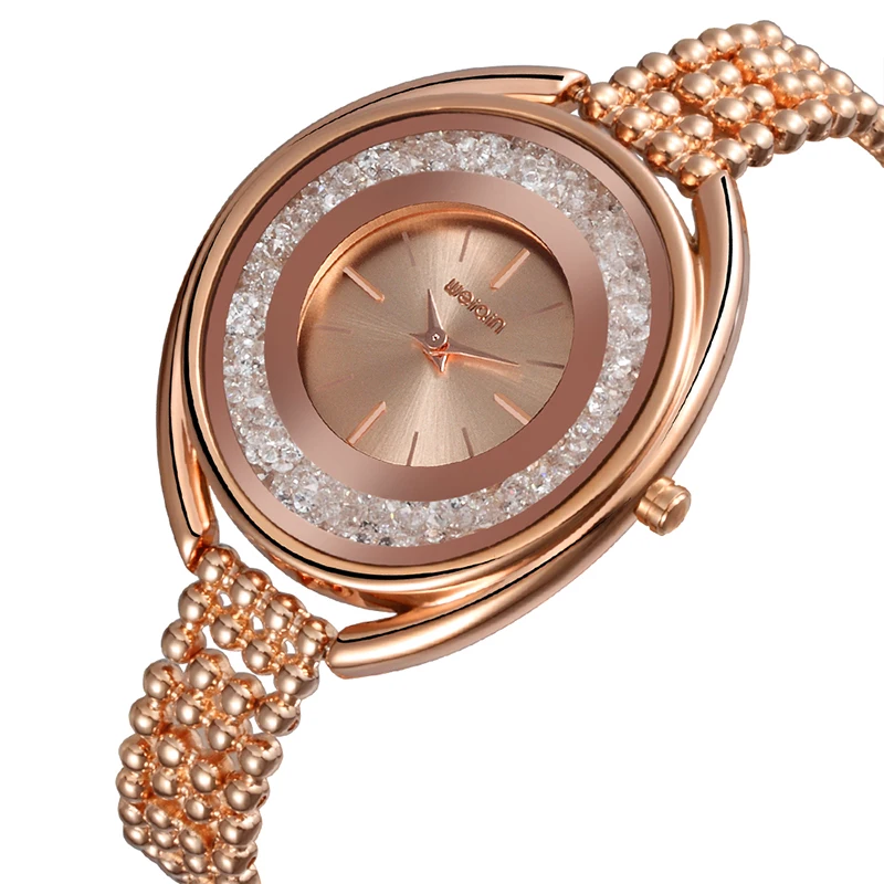 WEIQIN элегантный Для женщин часы Золотая роза сплава Сталь группа Классический женский Уникальный Маленькая Леди кварцевые наручные часы