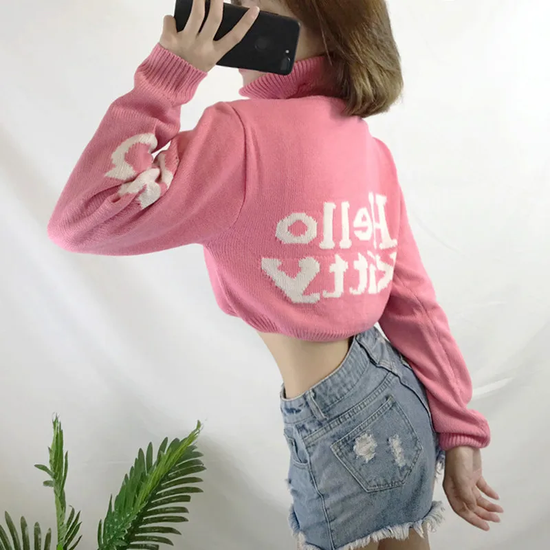 Cute Hello Kitty Cartoon Pattern Cropped Sweater Women European American Style Streetwear Knitted Crop Tops Turtleneck Sweaters