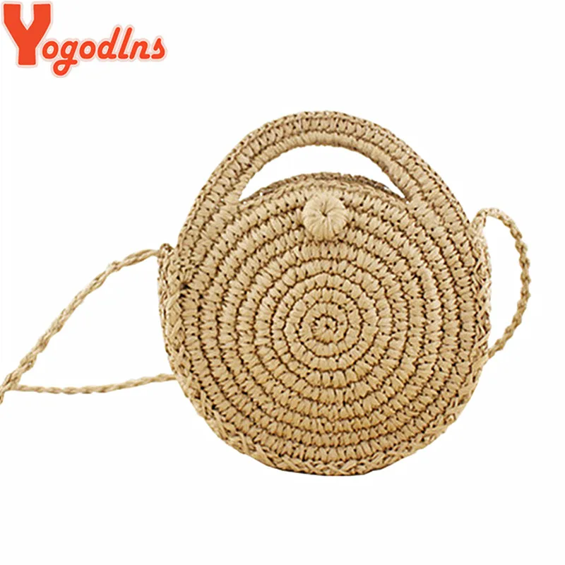 

Yogodlns New Arrival Round Straw Beach Handbag Summer Mini Handmade Shoulder Bag Circle Rattan Bag Small Bohemian Messenger Bags