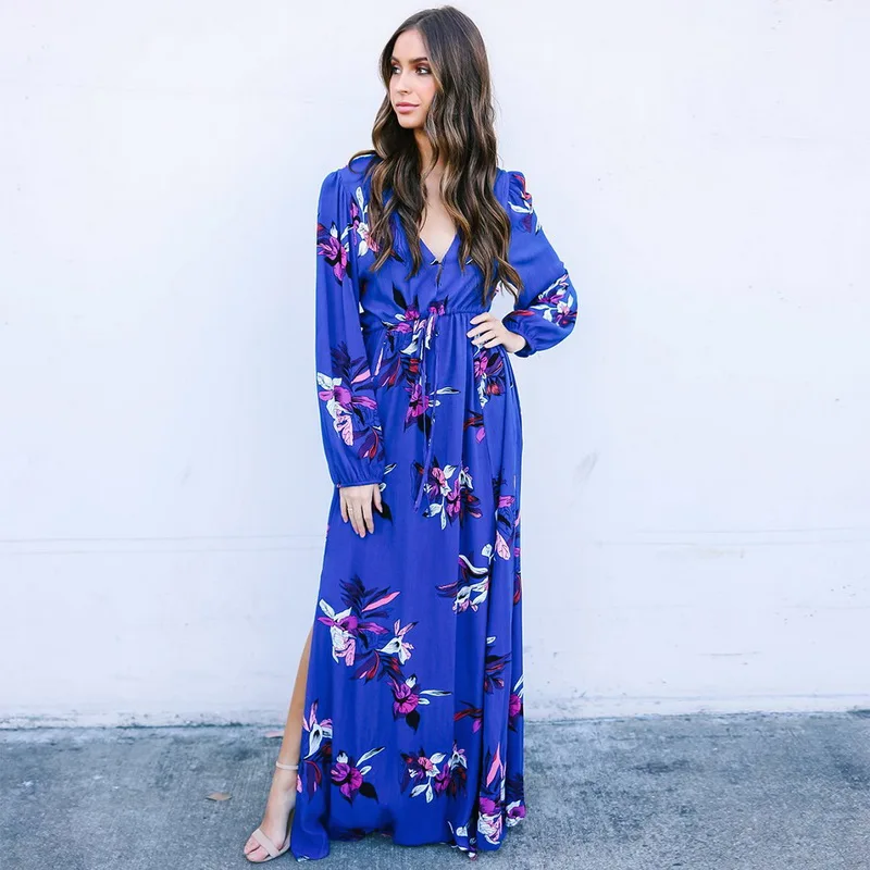 

Vacation Wear Spring Summer Bohemian Beach Dress V Neck Floor Length Maxi Dress For Women Floral Lantern Sleeve Blue Boho Dress
