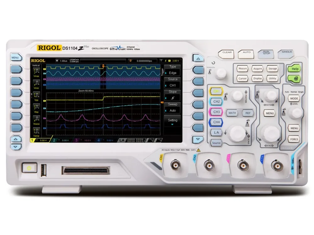 

RIGOL DS1104Z Plus 100 MHz Digital Oscilloscope with 4 CH and 16 Digital CH 25 MHz Bandwidth with 2 Signal Source Channels