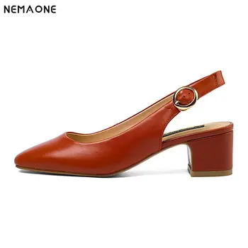 

NEMAONE 2019 New Women Genuine Leather Pumps Wedding Party Handmade Shoes Woman Thick High Heel Comfort Pumps Women