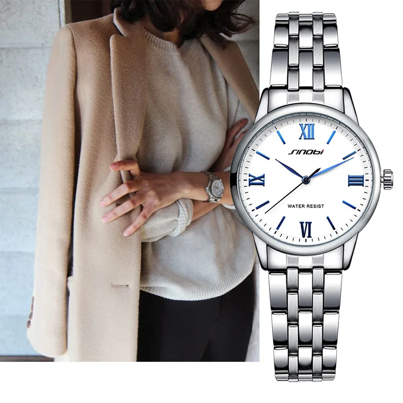 SINOBI Новые Модные женские наручные часы из нержавеющей стали ремешок для часов Топ люксовый бренд женские кварцевые часы дамский браслет наручные часы