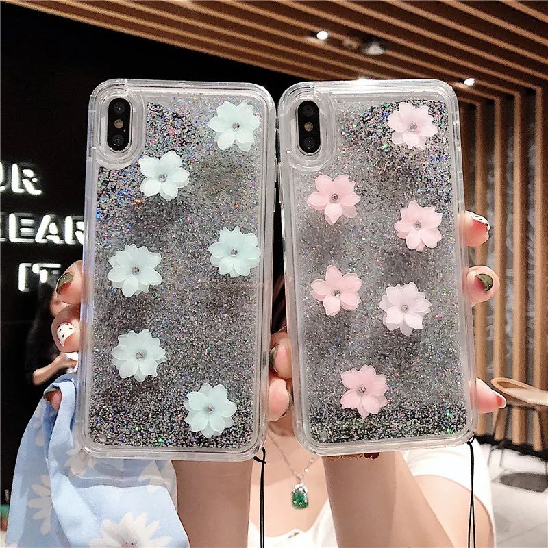 

For iPhone Flower Glitter Flowing Quicksand Liquid Phone Case Cover With Strap