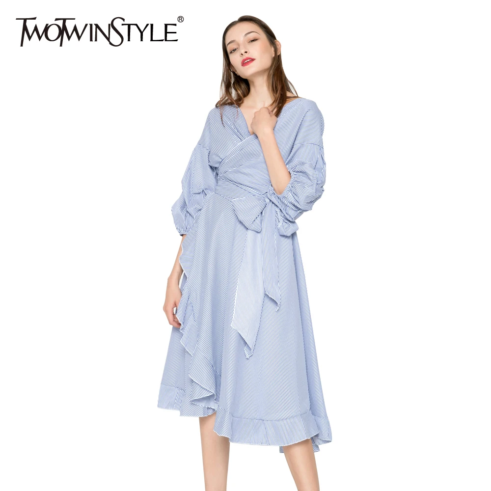 

TWOTWINSTYLE Striped Kimono Summer Dress Female Puff Sleeves Lace up Midi Dresses Women Casual Clothing Korean 2019 Large Sizes