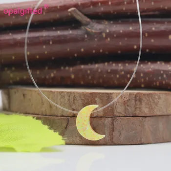 

Hot !! MOQ=1pc Yellow synthetic moon Opal Necklace 925 Silver clasps with Transparent Nylon 8*11mm half moon Opal Necklace