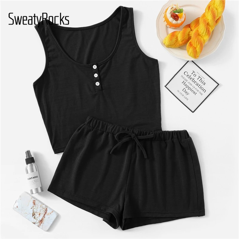 

SweatyRocks Button Front Tank Top And Shorts Pajamas for Women Solid Sleepwear 2019 Summer Short Sets Neon Lime Pajama Sets