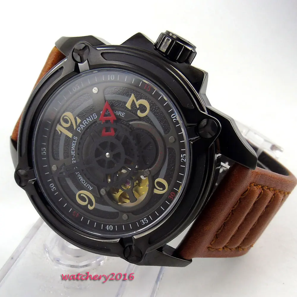 

44mm parnis hollow dial pvd Leather Strap 2017 top brand Luxury 21 jewels movement Automatic Mechanical Men's business Watch