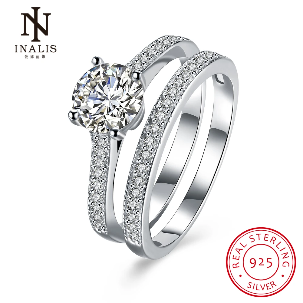 INALIS 925 Sterling Silver Double Ring Sets for Women Zircon Stone Wedding Jewelry