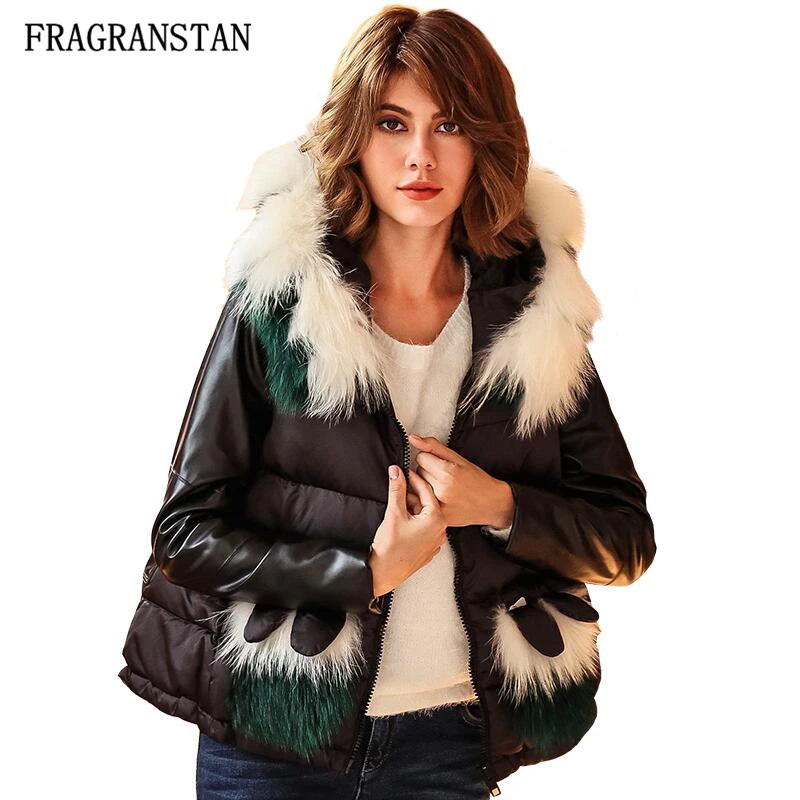 

Women Winter Fashion Real Fur Collar Hooded Down Jackets Female Casual Loose PU Leather Patchwork Coats High Quality Parkas Q348