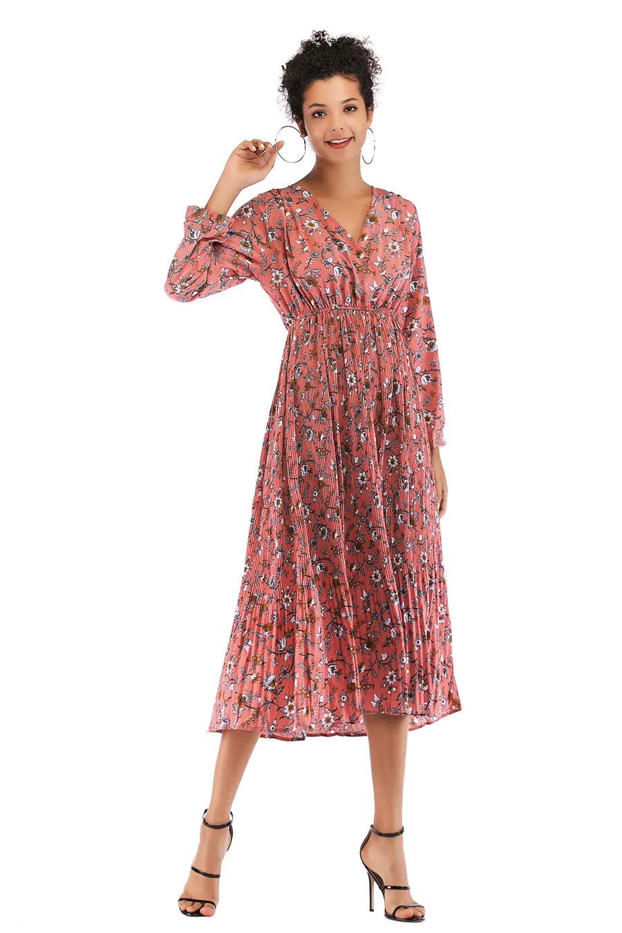 Gladiolus Hot 2018 Autumn Dress Women Long Sleeve V-Neck Sexy Floral Print Tunic Loose Midi Chiffon Dress Women Beach Sundress (27)