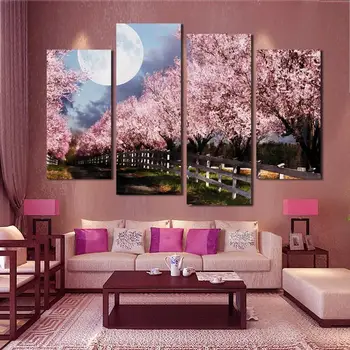 

4 Piece Unframed Sakura Printed Canvas Oil Painting High Quality Living Room Wall Art Picture Home Decal