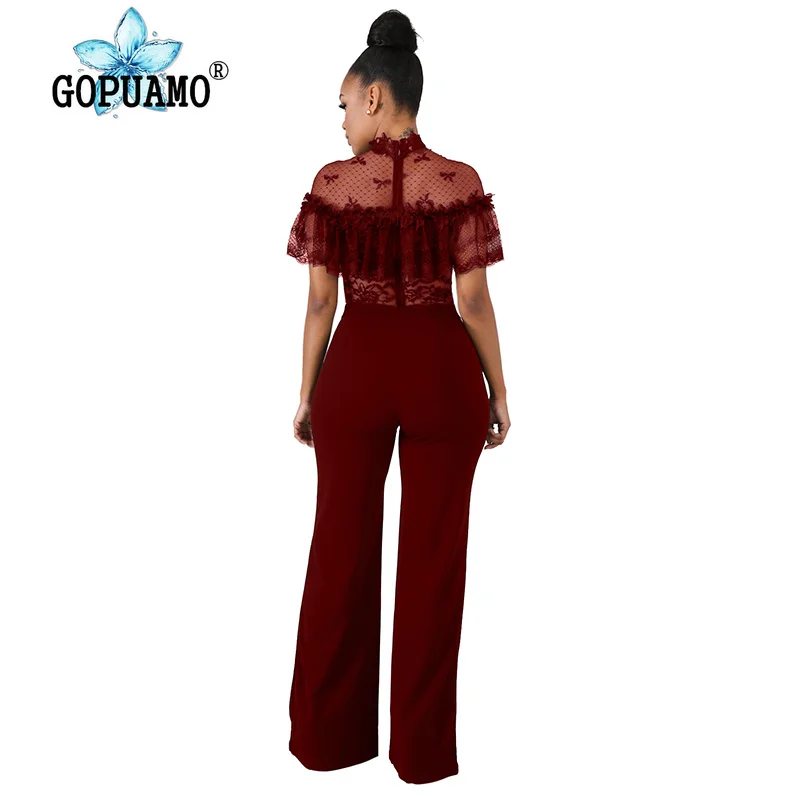 Sheer Mesh Lace Spliced Sexy Jumpsuit Women Stand Collar Short Sleeve Wide Leg Romper Elegant Ruffles See Through Party Bodysuit Sheer Mesh Lace Spliced Sexy Jumpsuit Women Stand Collar Short Sleeve Wide Leg Romper Elegant Ruffles See Through Party Bodysuit