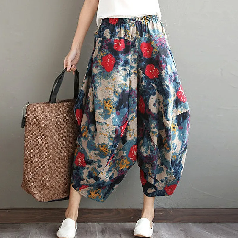 ZANZEA Women Floral Print Elastic Waist Lantern Pants Casual Cotton