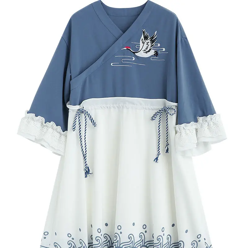 

Chinese Hanfu Dress Japan Women Crane Embroidery False Collar Ruffle Sleeve Chinese Dress Spring Drawing Dress Pre-order