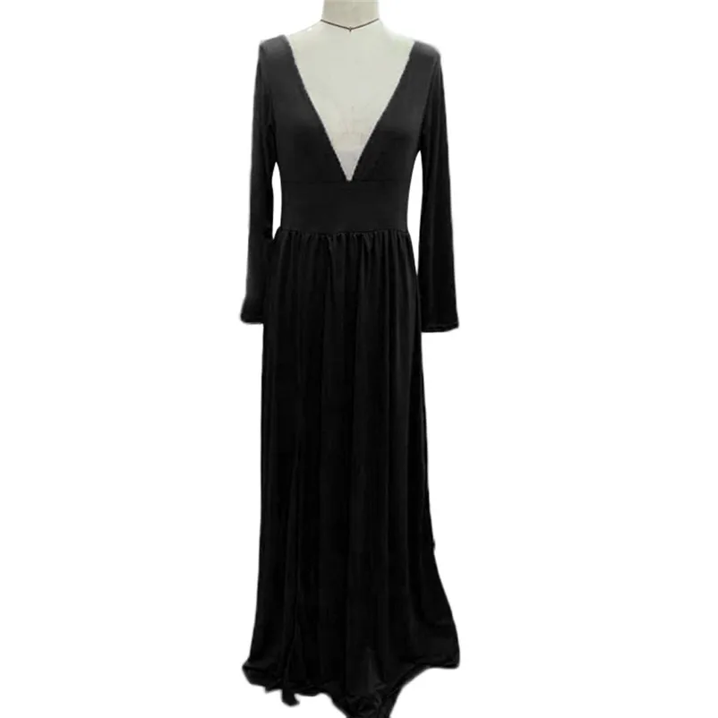 Women's Long Sleeve Sexy V Neck Soild Sling Everying Party Long Dress Casual elegant High Quality dress New Arrival N16#N (6)