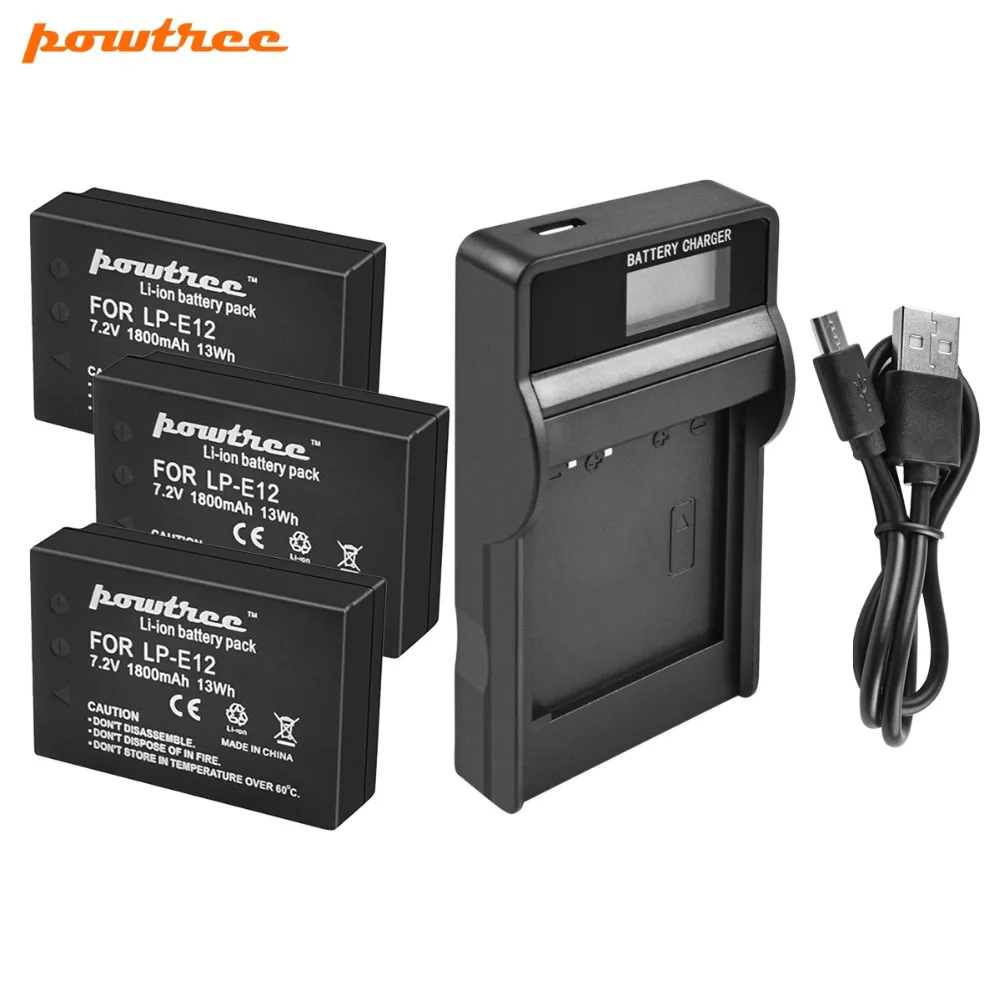 

Powtree For Canon 3PCS 1800mAh 7.2V LP-E12 LP E12 LPE12 Camera lithium battery+LCD USB Charger Replacement EOS M 100D Kiss X7