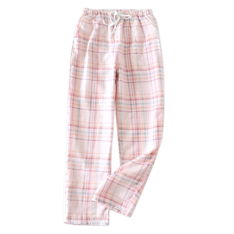 Pink fresh plaid women sleep bottoms 100% gauze cotton cozy summer ...