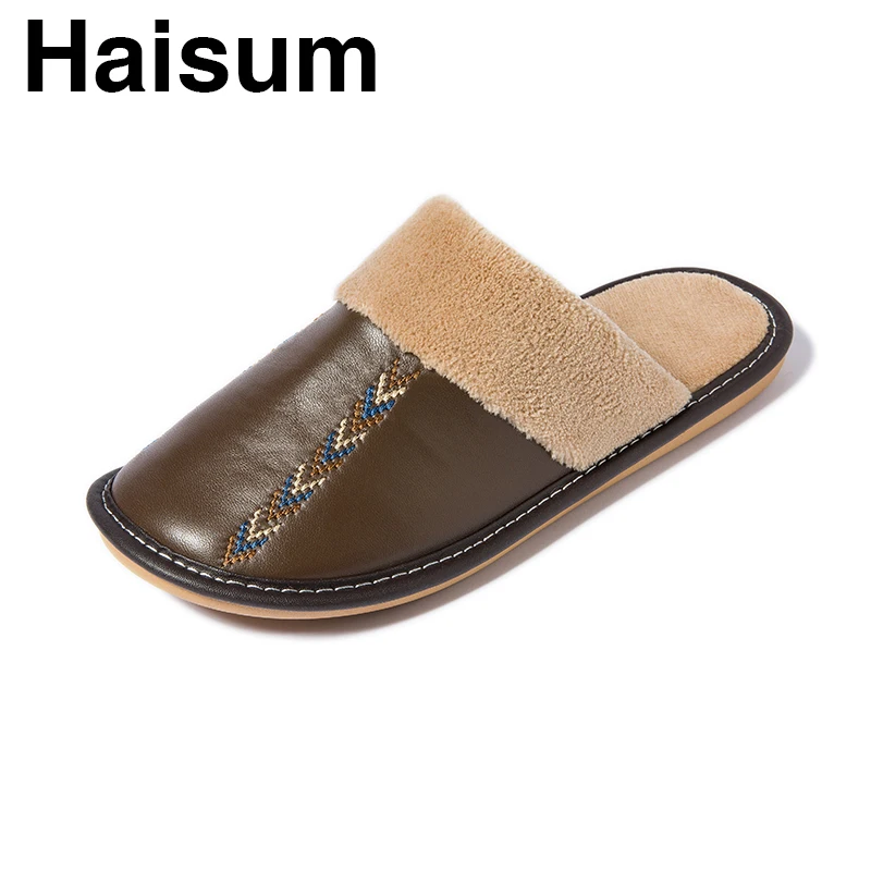 

Men's Slippers Winter Leather sheepskin Thick Home Indoor Non-slip Thermal Slippers 2018 New Hot Sale YQ-004