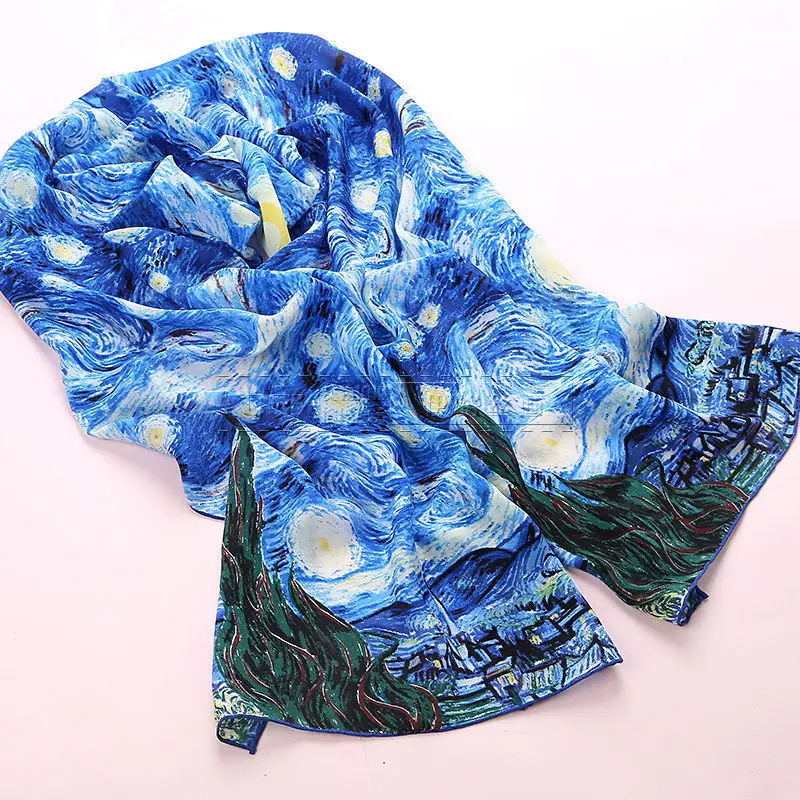 Goedkoop DANKEYISI Van Gogh Olieverf Echte Sjaal Vrouwen   mannen Sjaal 100% Natuurlijke Zijde Sjaals Luxe Merk Designer Sjaals vrouwelijke