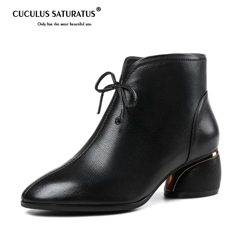 

Cuculus Women Genuine Leather Ankle Boots Bowknot High Heels Boots Winter Zipper Shoes Woman Luxury Designer Shoes 1156