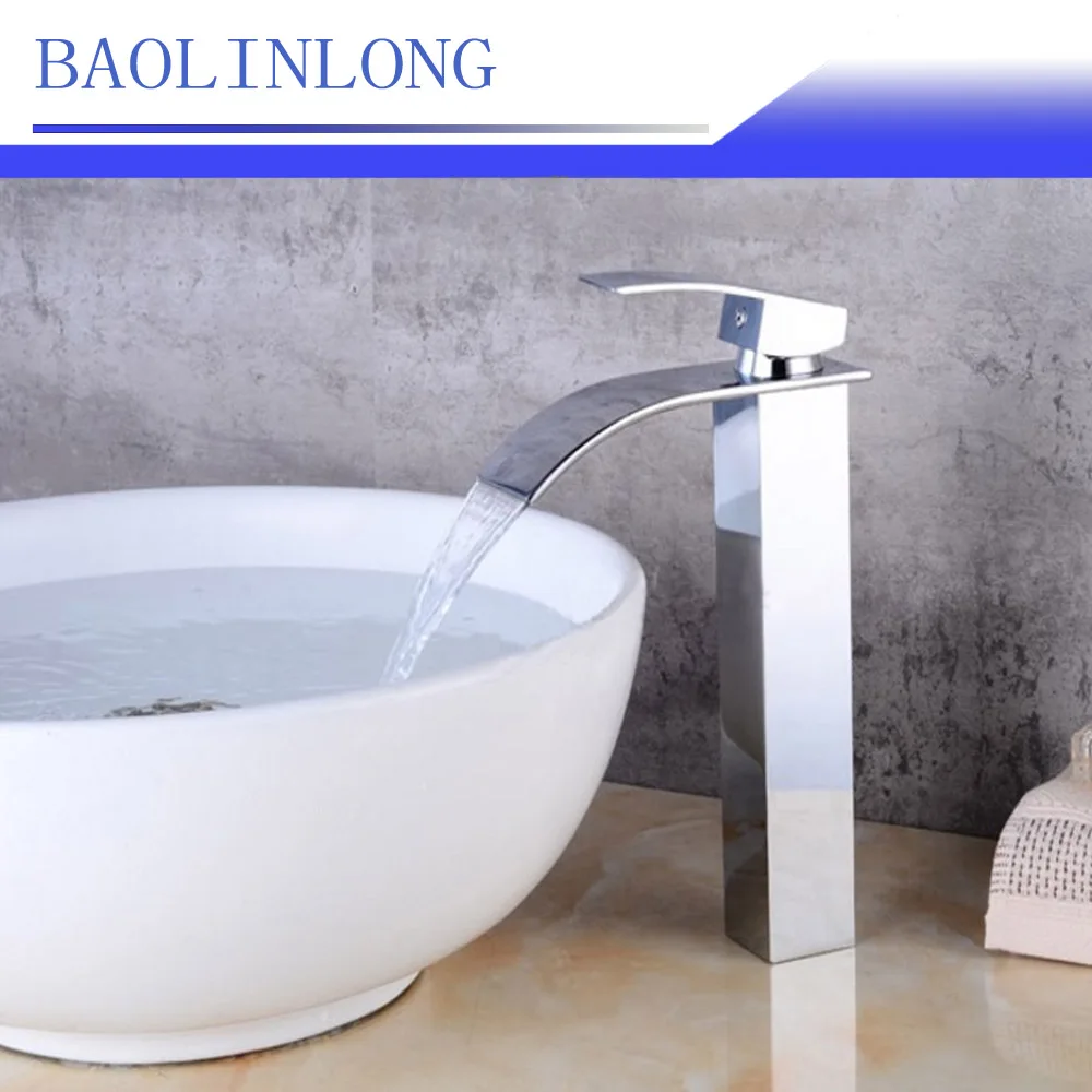 

BAOLINLONG Brass Chrome Deck Mount Bathroom Waterfall Faucets Vanity Vessel Sinks Mixer Waterfall Faucet Tap