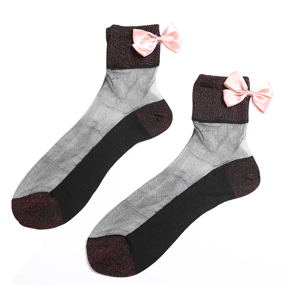 Женские новые ультра-тонкие шелковистые короткие шелковые носки с бантиком прозрачные носки тонкие прозрачные носки эластичные короткие