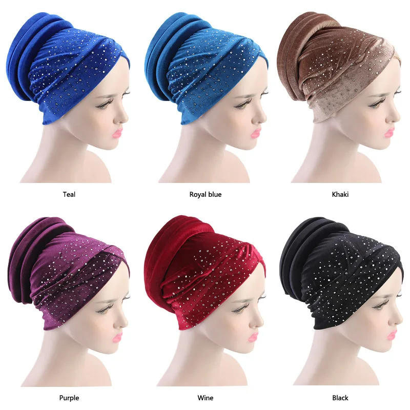 

Muslim WomenSoft Cotton Sponge Rhinestone Cross Turban Hat Cancer Chemotherapy Chemo Beanies Caps Headwrap Hair Accessories