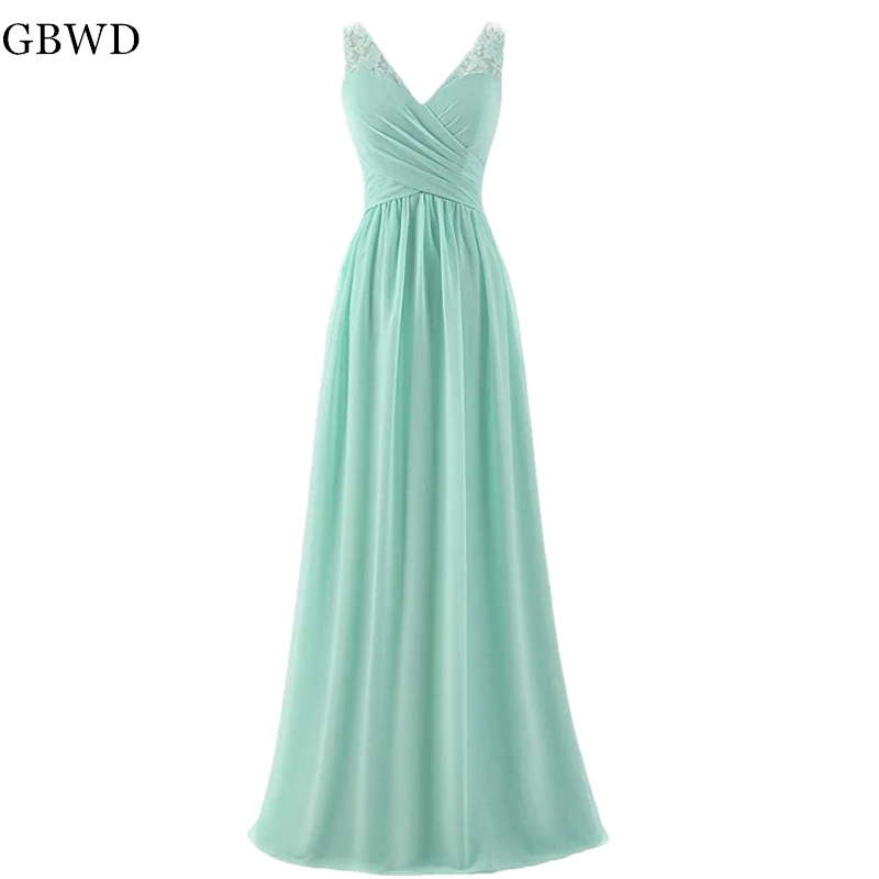 

Mint Green 2019 Cheap A-Line Bridesmaid Dresses Long Elegant Pleat Lace Chiffon V-Neck Dresses Simp Bridesmaid's Gown