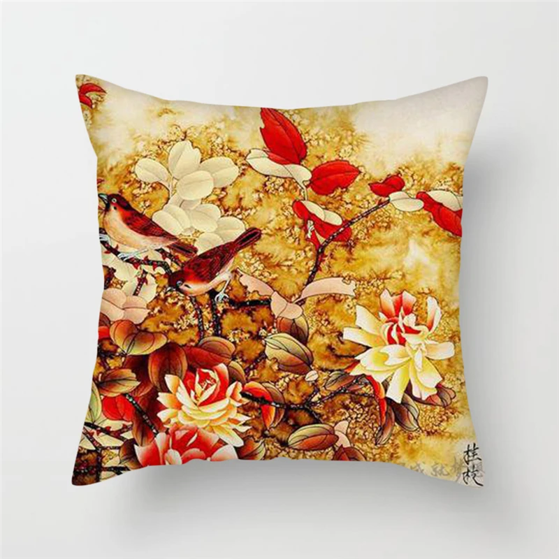 Fuwatacchi Rose Peony Flowers Cushion Cover Plum Blossom Grass Pillow Cases For Home Sofa Chair Decorations Birds Pillowcases