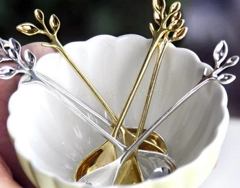

500PCS New Arrival Kitchen Dining Bar Fashion Alloy Leaves Shaped Design Gold Silver Coffee Spoon Flatware Cutlery Dessert Spoon