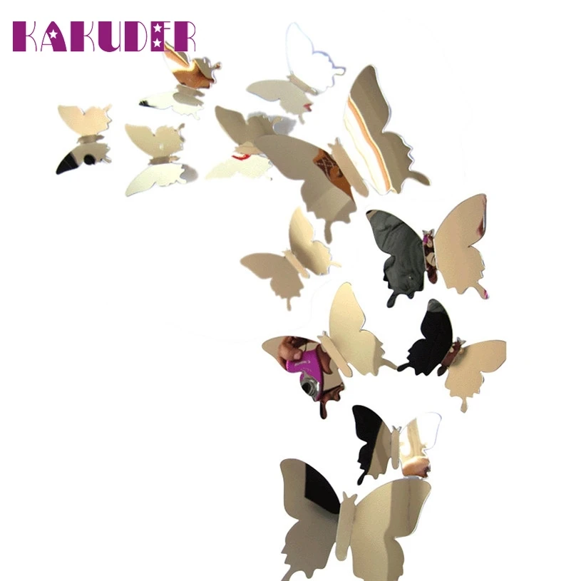 

Kakuder Wall Stickers Decal For Home Butterflies 3D Mirror Wall Art Decors 12pcs/Lot 2017 Gift Drop