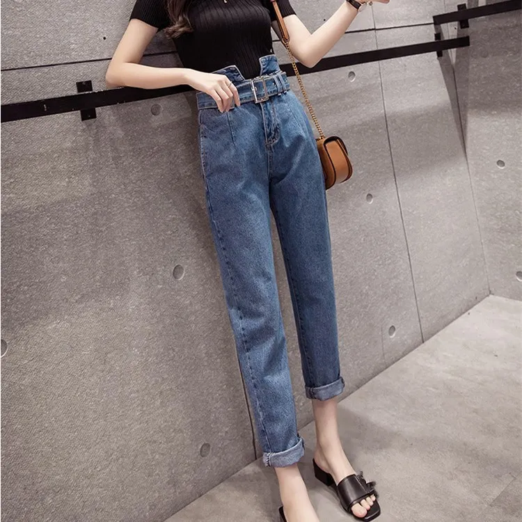 Hot Sale Plus Size New High Waist Harem Jeans Women Fashion Belt Pockets Denim Pants Casual Solid Loose Trousers