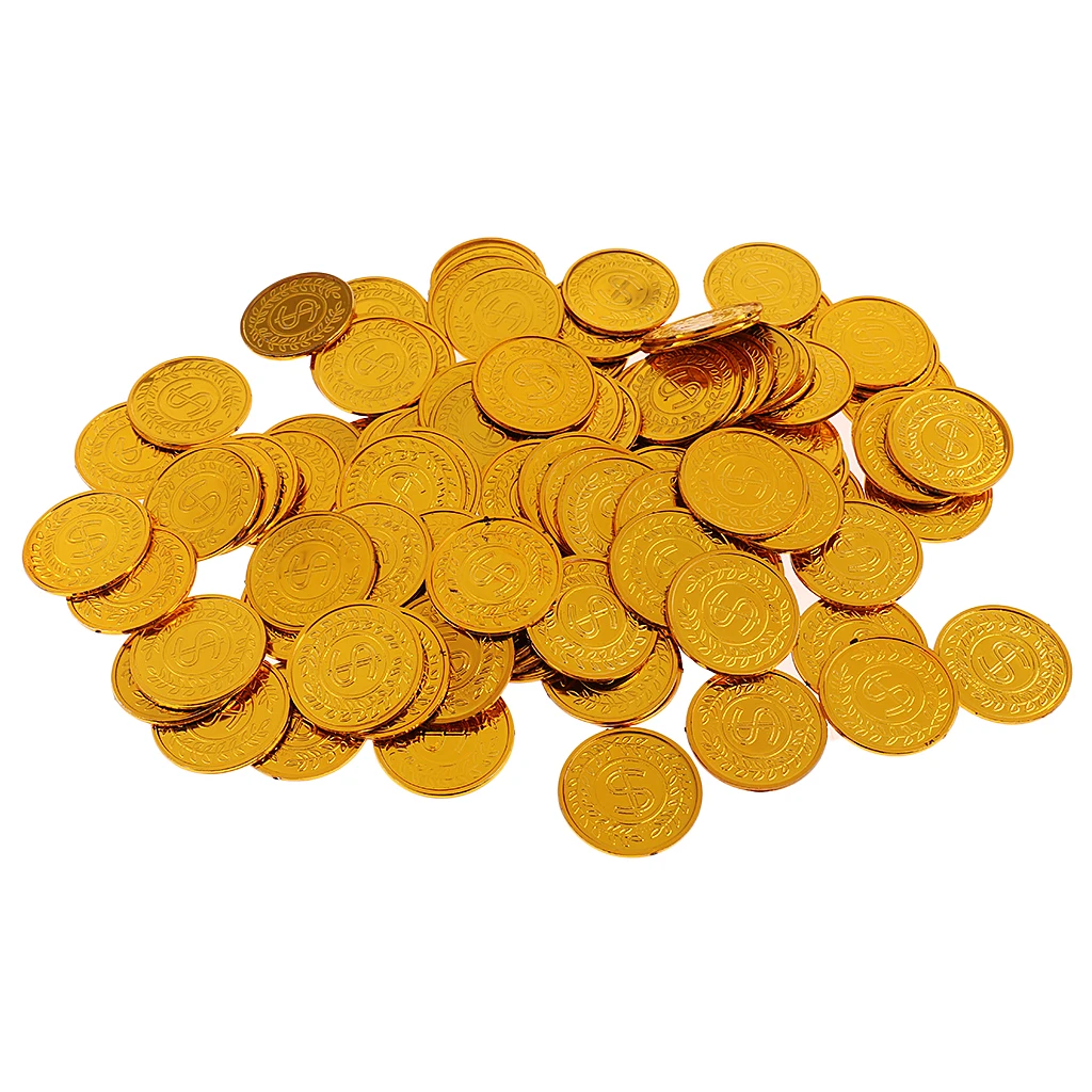 100x пластиковые сокровища пиратские монеты сундук Pinata играть деньги монеты для дня рождения партии lots - Цвет: Golden S